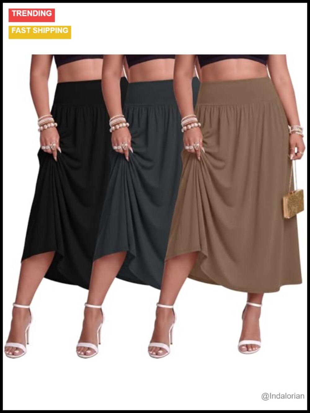 Plus Size Maxi Skirts with Pockets 3 Pack High Stretch A-Line